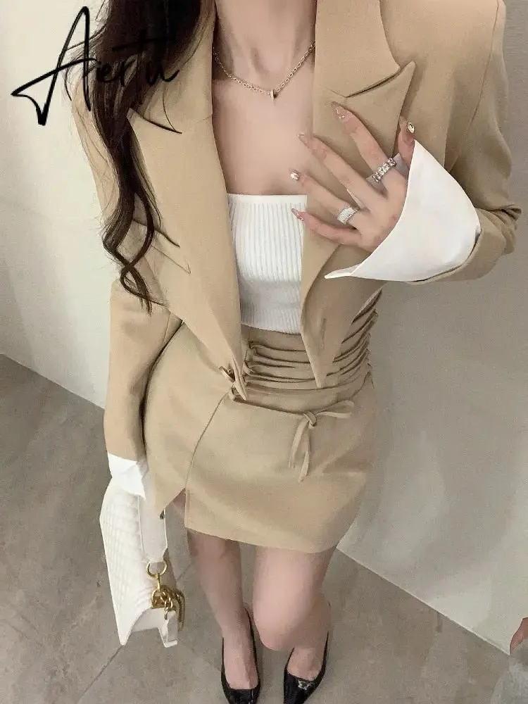 2 Piece Dress Set Women Casual Y2k Crop Tops Elegant Jacket Coats   Mini Skirts Korean Fashion Suits  Autumn Blazers Dress