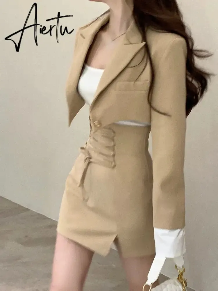 2 Piece Dress Set Women Casual Y2k Crop Tops Elegant Jacket Coats   Mini Skirts Korean Fashion Suits  Autumn Blazers Dress