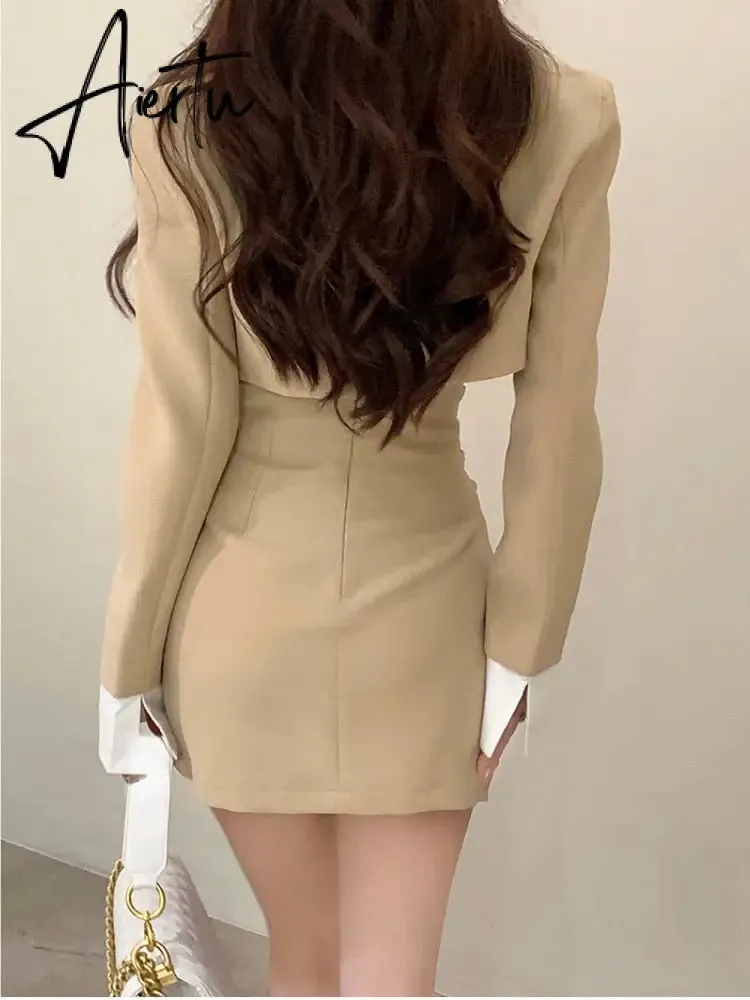 2 Piece Dress Set Women Casual Y2k Crop Tops Elegant Jacket Coats   Mini Skirts Korean Fashion Suits  Autumn Blazers Dress