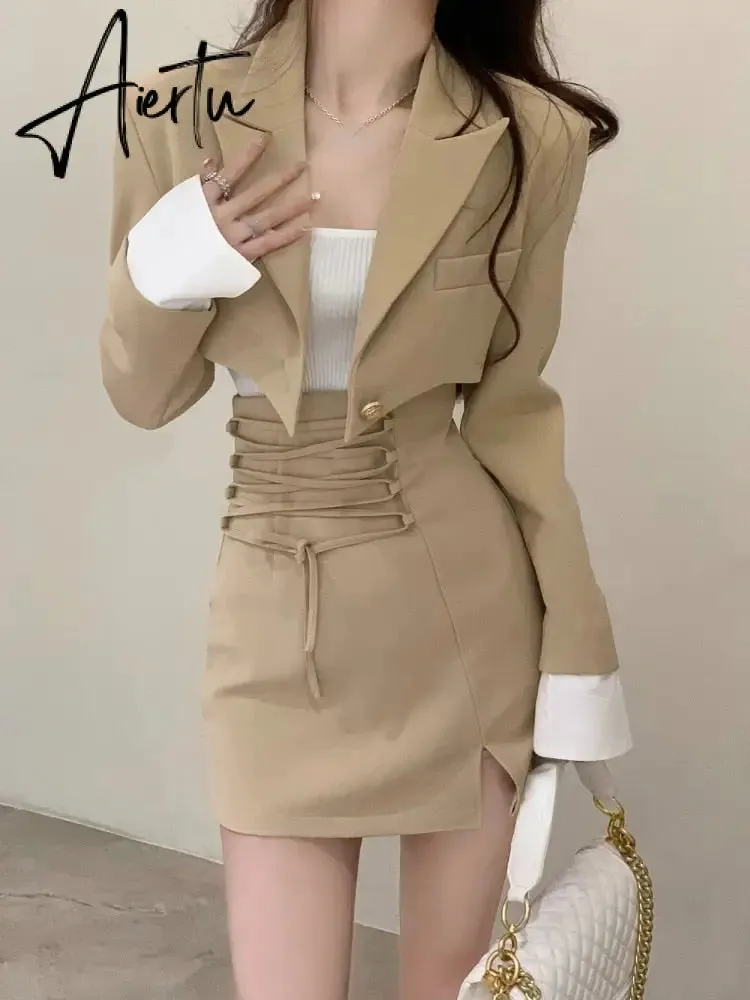 2 Piece Dress Set Women Casual Y2k Crop Tops Elegant Jacket Coats   Mini Skirts Korean Fashion Suits  Autumn Blazers Dress