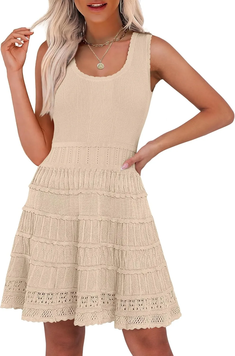 ANRABESS Womens Sundress Beach Vacation Mini Tank Dresses Summer Casual Crochet Knit Scoop Neck Sleeveless Dress