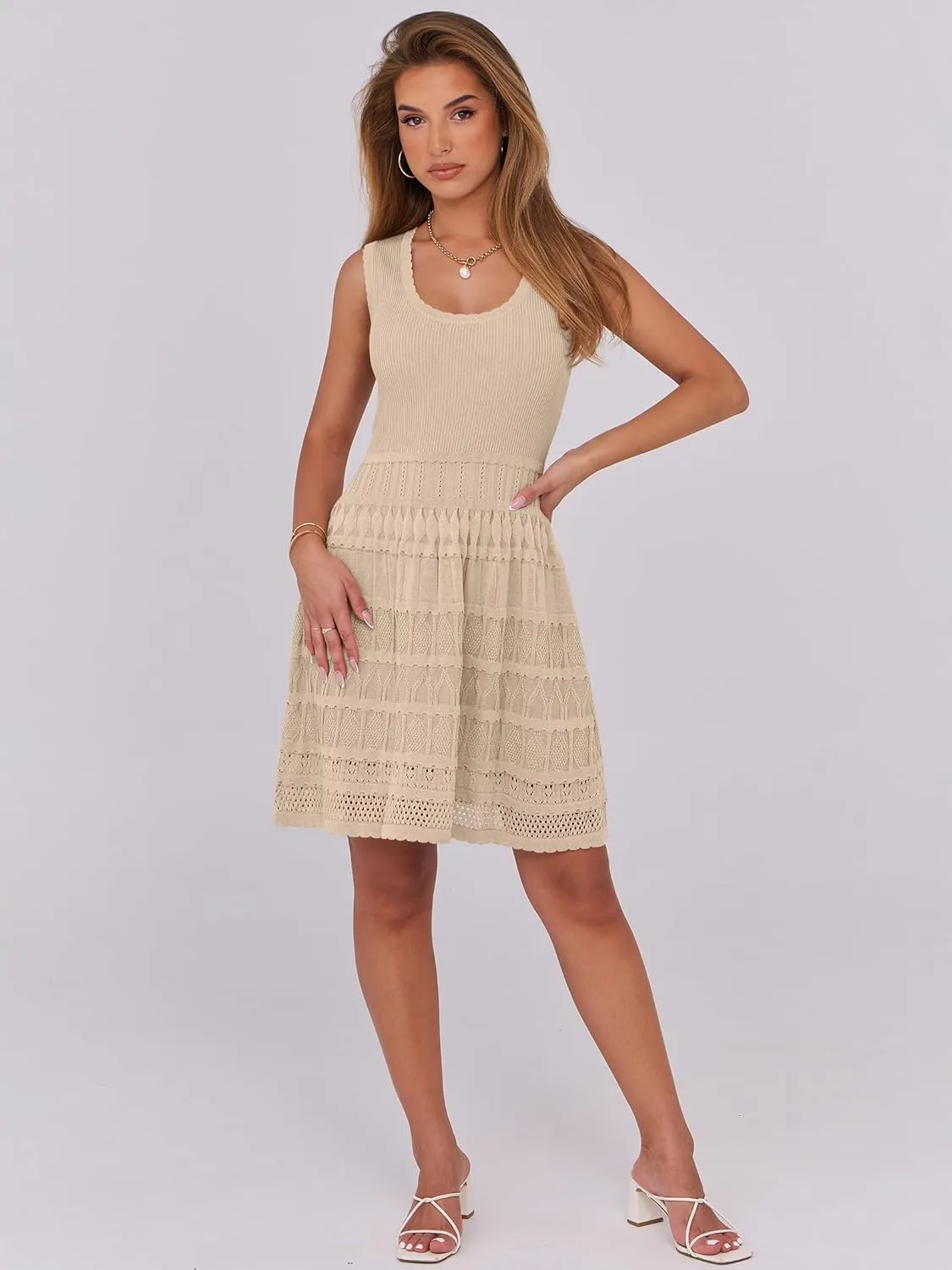 ANRABESS Womens Sundress Beach Vacation Mini Tank Dresses Summer Casual Crochet Knit Scoop Neck Sleeveless Dress