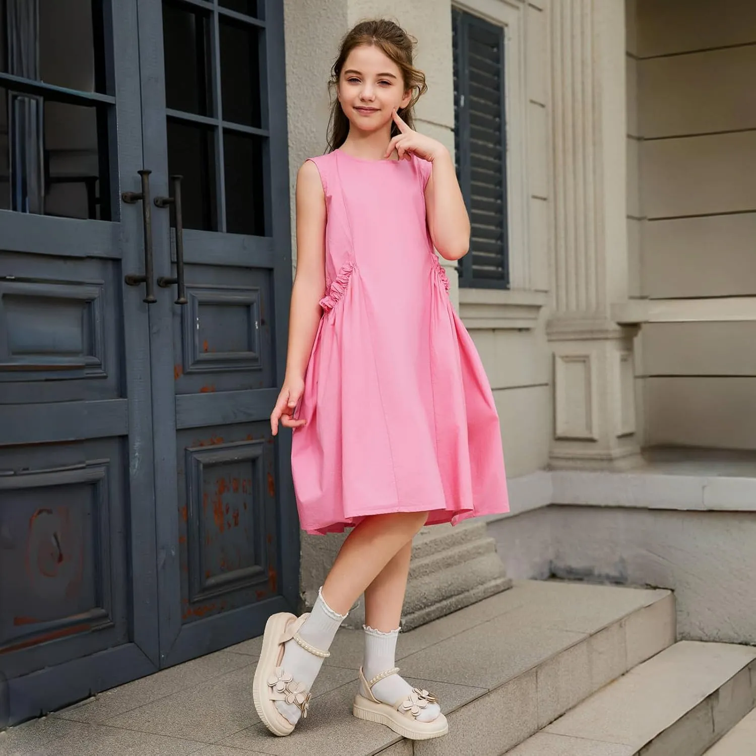 Balabala Girls Sleeveless Dresses Cotton Casual A line Girl 2025 Summer Swing Sundress with Pockets for 5-12 Years