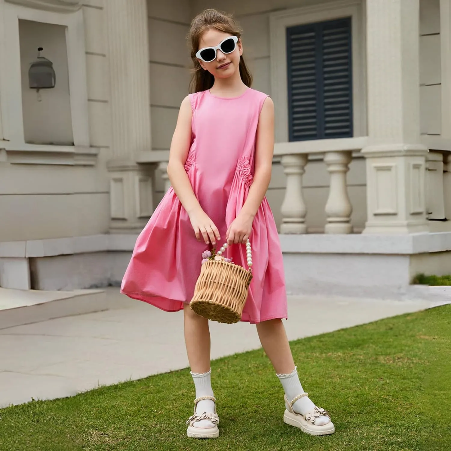 Balabala Girls Sleeveless Dresses Cotton Casual A line Girl 2025 Summer Swing Sundress with Pockets for 5-12 Years