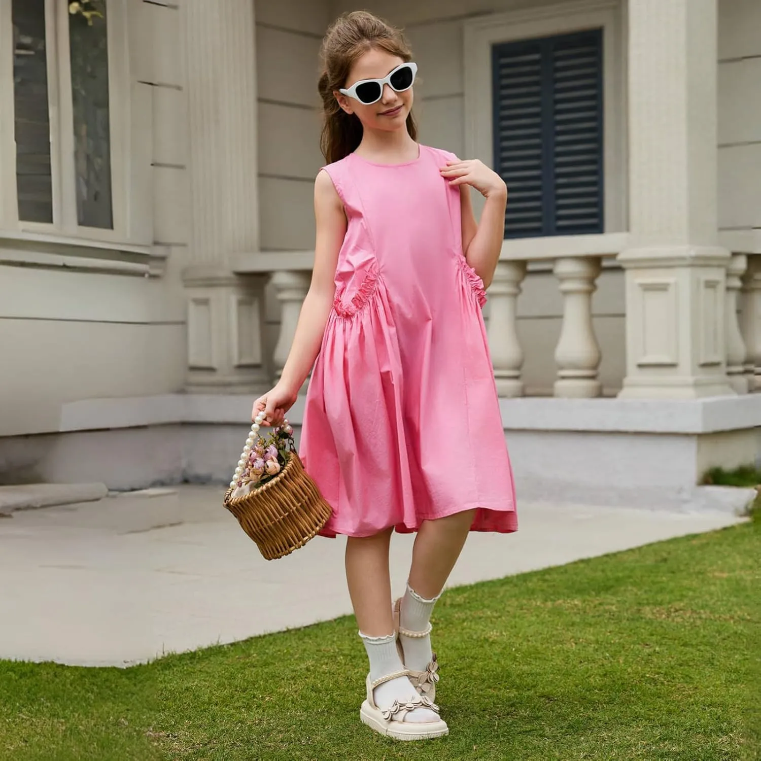 Balabala Girls Sleeveless Dresses Cotton Casual A line Girl 2025 Summer Swing Sundress with Pockets for 5-12 Years