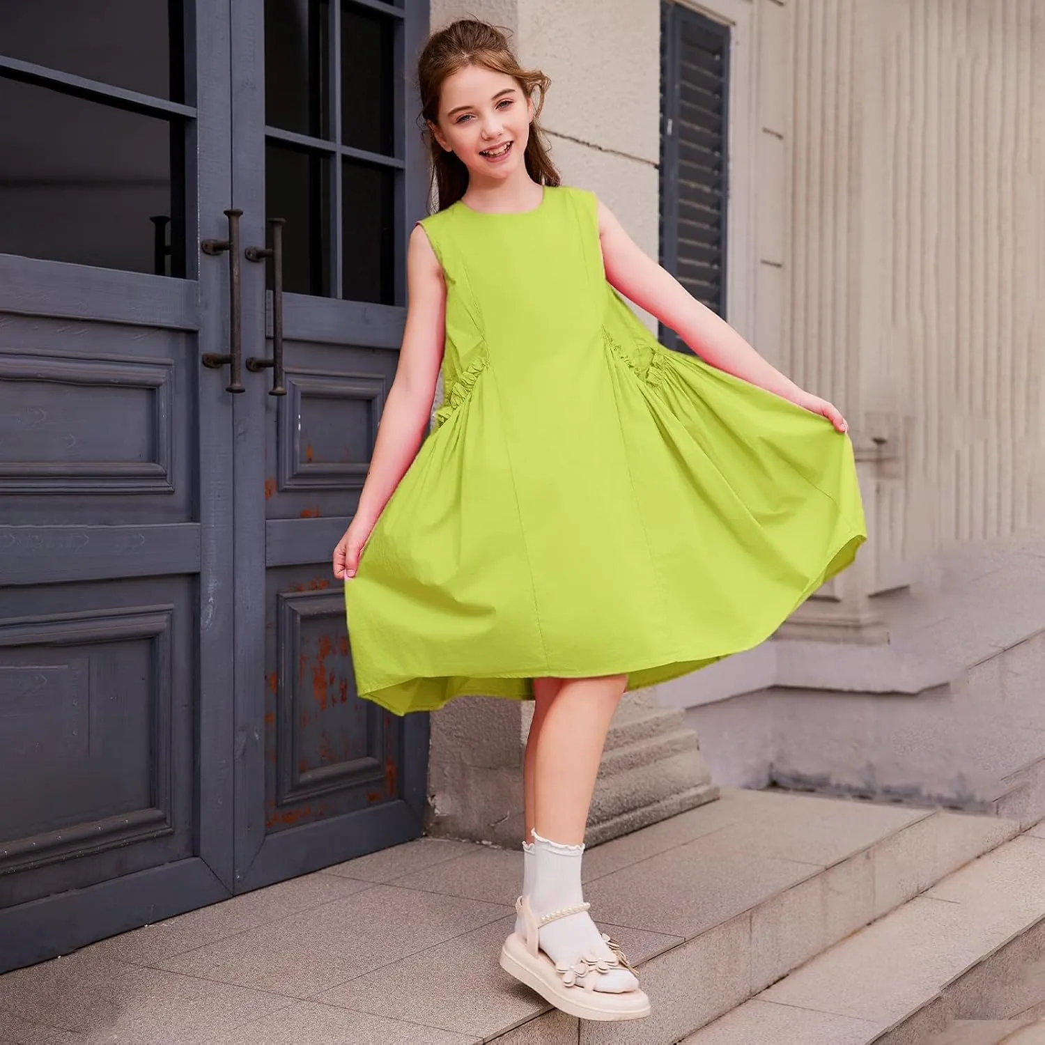 Balabala Girls Sleeveless Dresses Cotton Casual A line Girl 2025 Summer Swing Sundress with Pockets for 5-12 Years