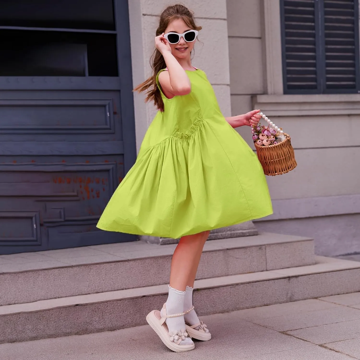 Balabala Girls Sleeveless Dresses Cotton Casual A line Girl 2025 Summer Swing Sundress with Pockets for 5-12 Years