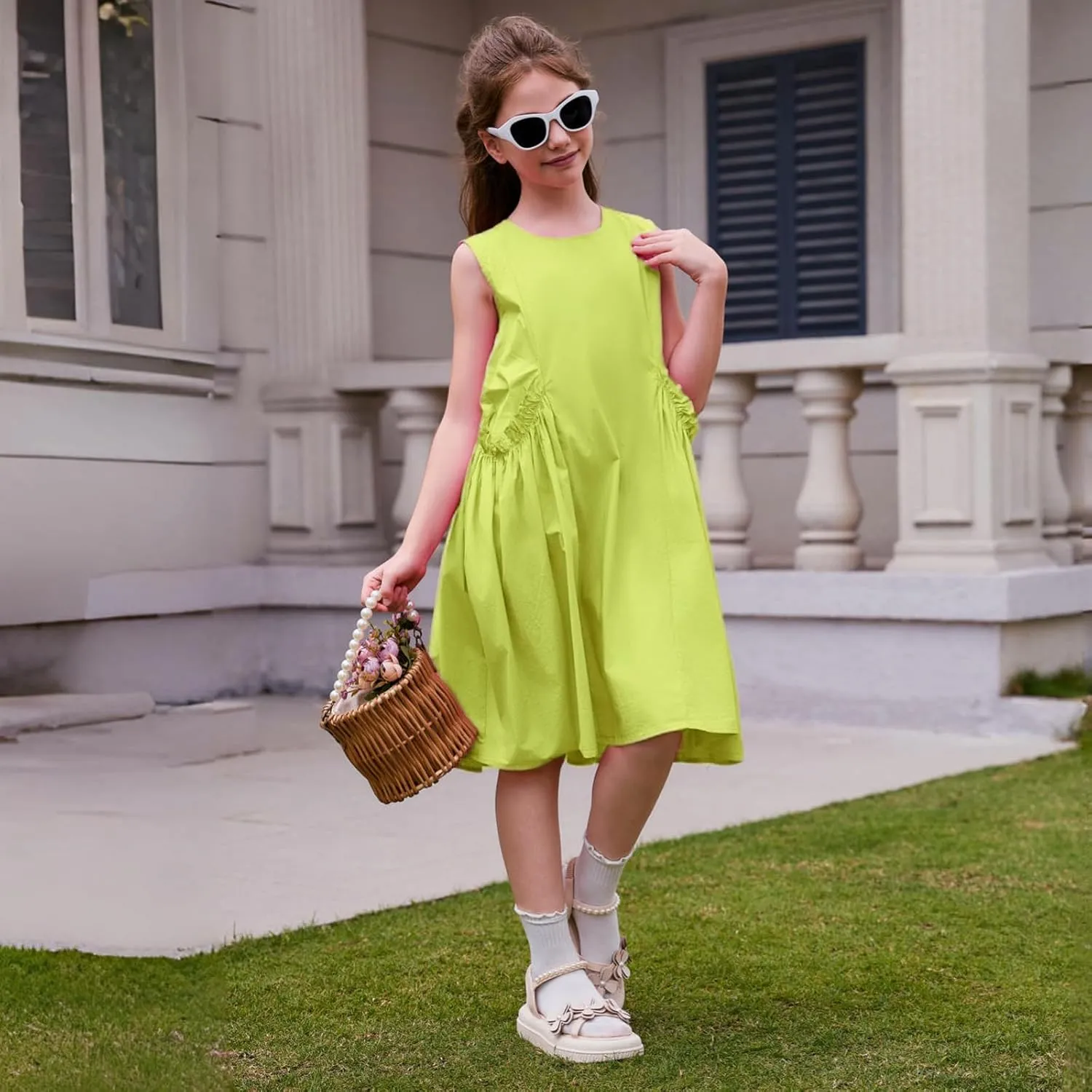 Balabala Girls Sleeveless Dresses Cotton Casual A line Girl 2025 Summer Swing Sundress with Pockets for 5-12 Years