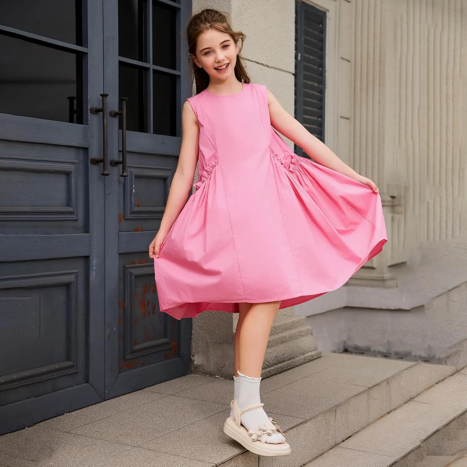 Balabala Girls Sleeveless Dresses Cotton Casual A line Girl 2025 Summer Swing Sundress with Pockets for 5-12 Years