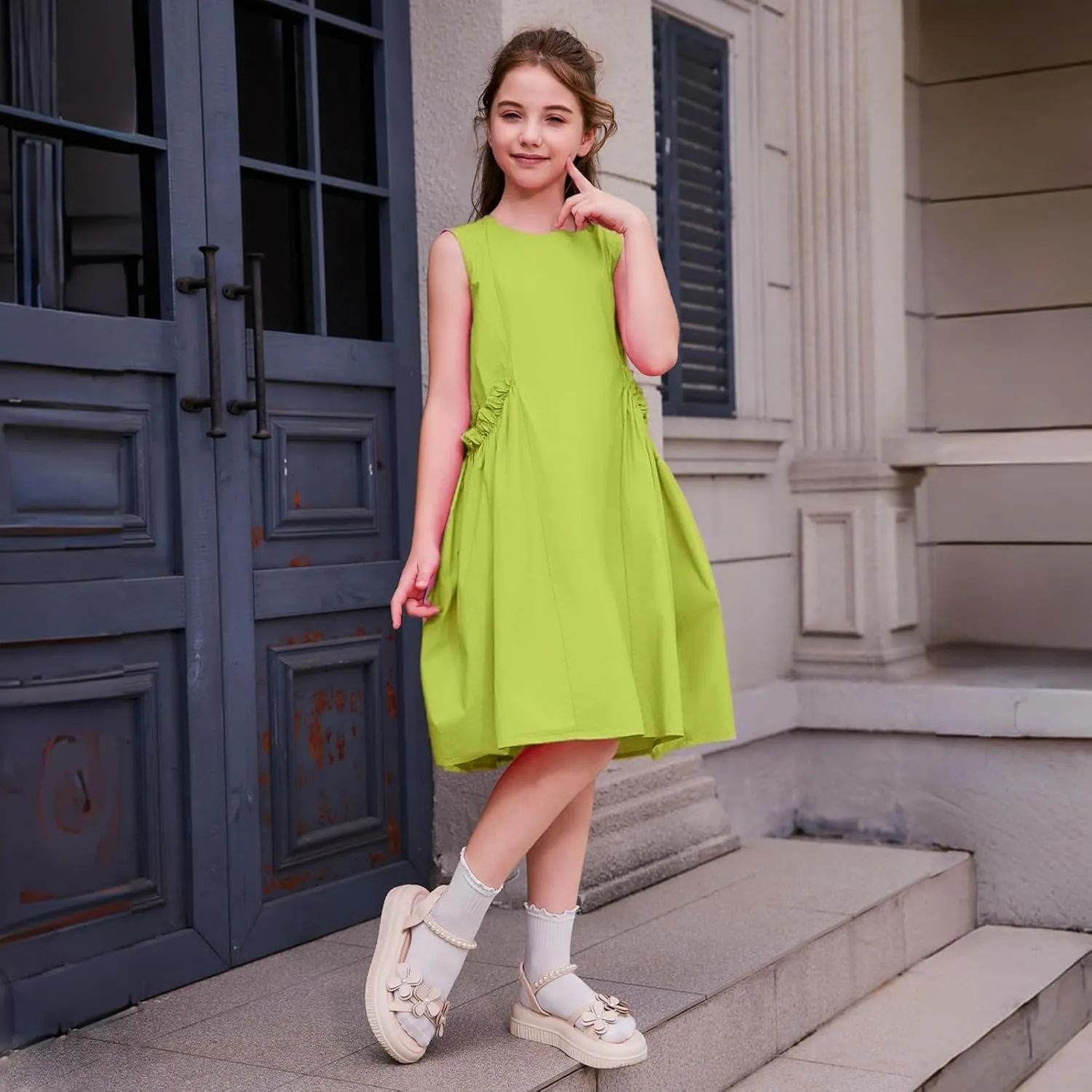 Balabala Girls Sleeveless Dresses Cotton Casual A line Girl 2025 Summer Swing Sundress with Pockets for 5-12 Years