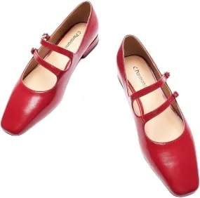 C.Paravano Women's Flats Mary Jane Flats Ballet Flats for Women Square Toe Block Heel Adjustable Straps Flat Fashion Casual Dressy Shoes