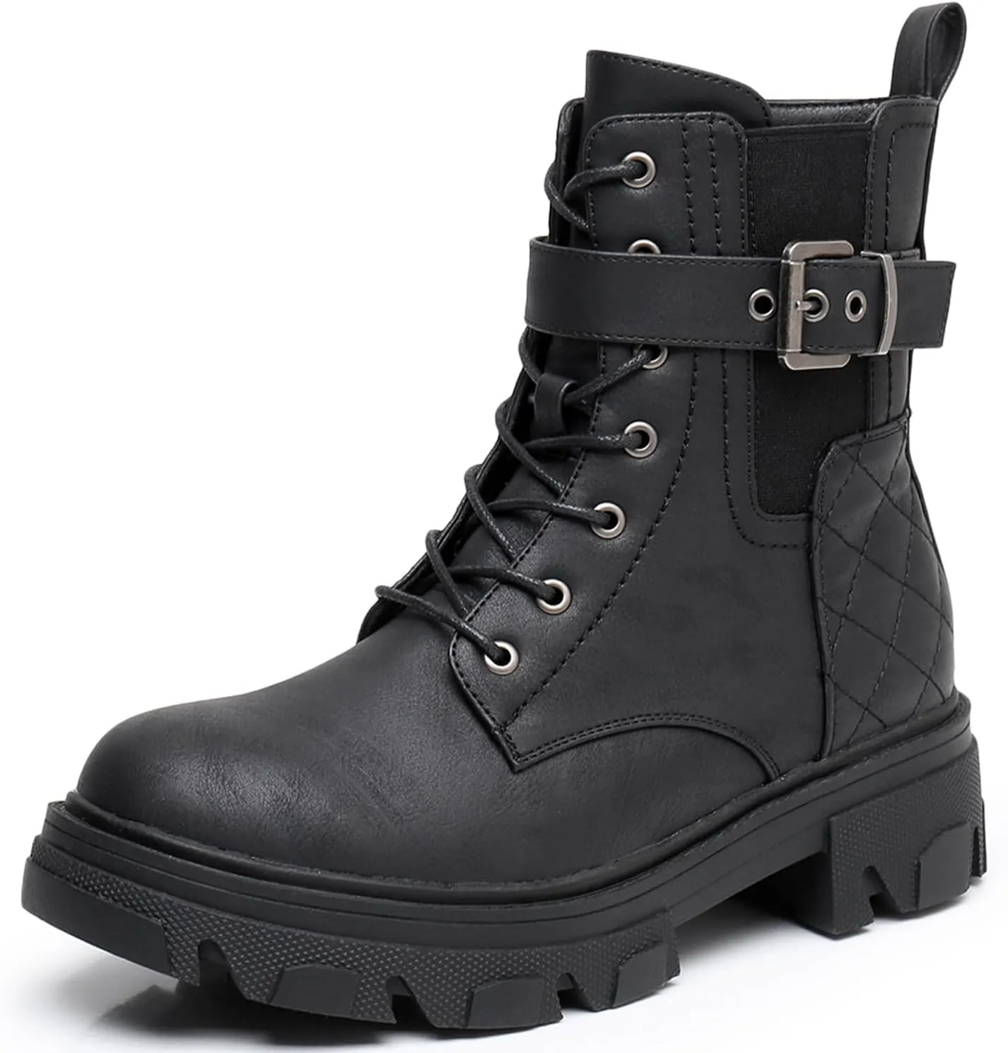 GLOBALWIN Women's Combat Boots Lace Up Ankle Booties Comfortable Lug Sole Boots For Women Chunky Low Heel
