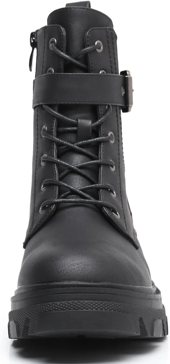 GLOBALWIN Women's Combat Boots Lace Up Ankle Booties Comfortable Lug Sole Boots For Women Chunky Low Heel