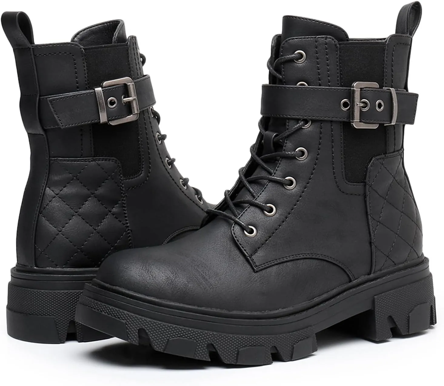 GLOBALWIN Women's Combat Boots Lace Up Ankle Booties Comfortable Lug Sole Boots For Women Chunky Low Heel