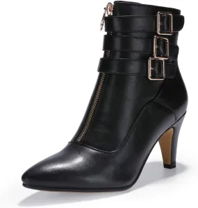 IDIFU Women's Buckle Strap Ankle Booties 3 Inch Pointed Toe Zipper Heels Dress Jeans Boots
