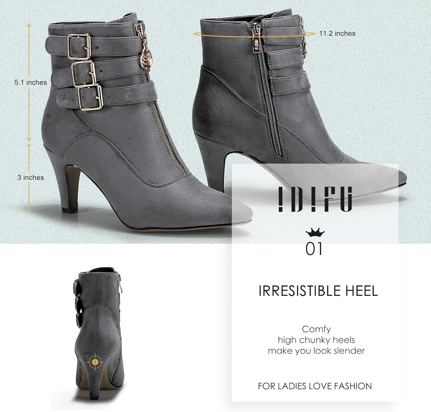 IDIFU Women's Buckle Strap Ankle Booties 3 Inch Pointed Toe Zipper Heels Dress Jeans Boots