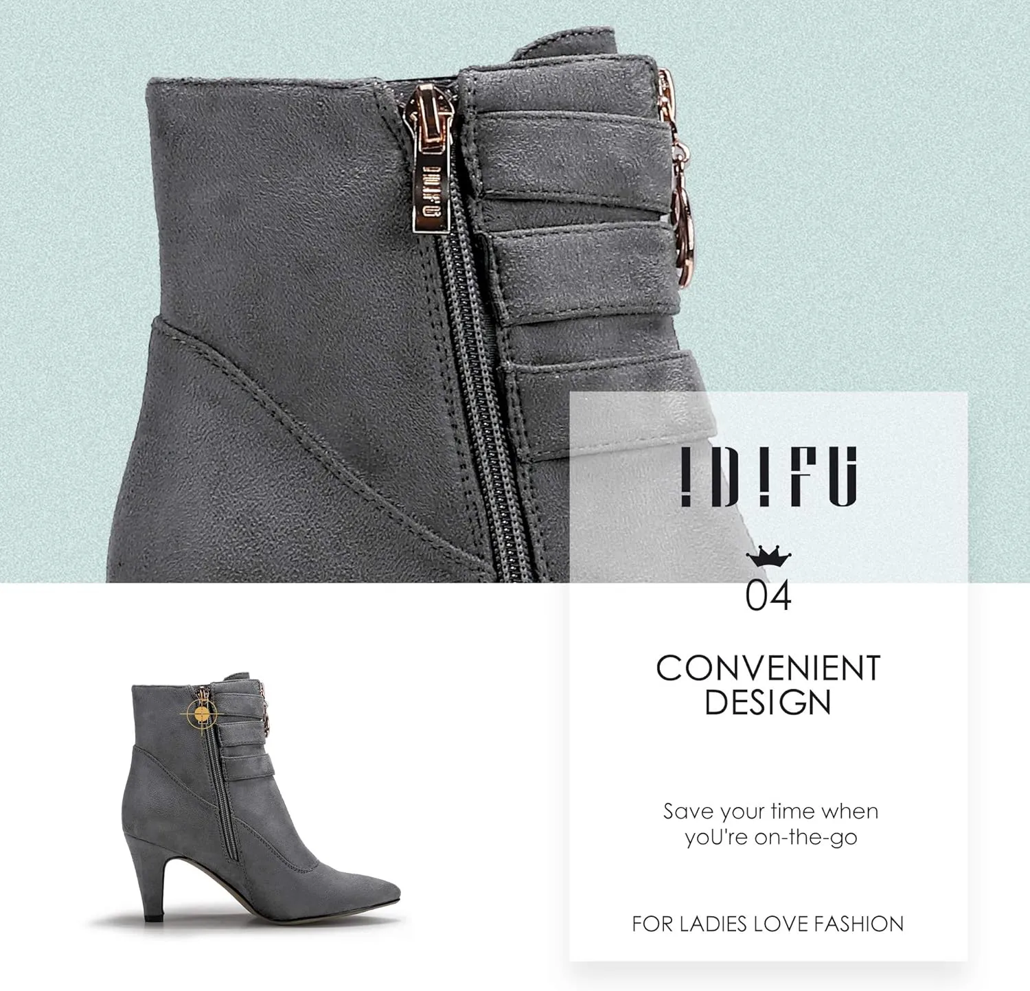 IDIFU Women's Buckle Strap Ankle Booties 3 Inch Pointed Toe Zipper Heels Dress Jeans Boots