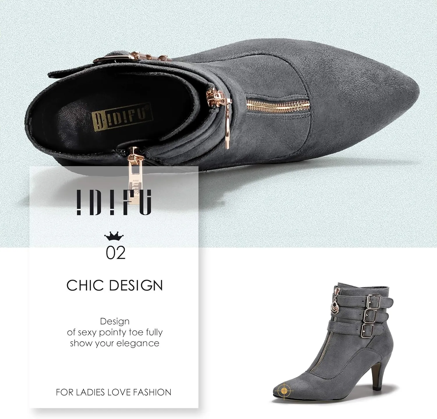 IDIFU Women's Buckle Strap Ankle Booties 3 Inch Pointed Toe Zipper Heels Dress Jeans Boots