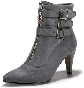 IDIFU Women's Buckle Strap Ankle Booties 3 Inch Pointed Toe Zipper Heels Dress Jeans Boots