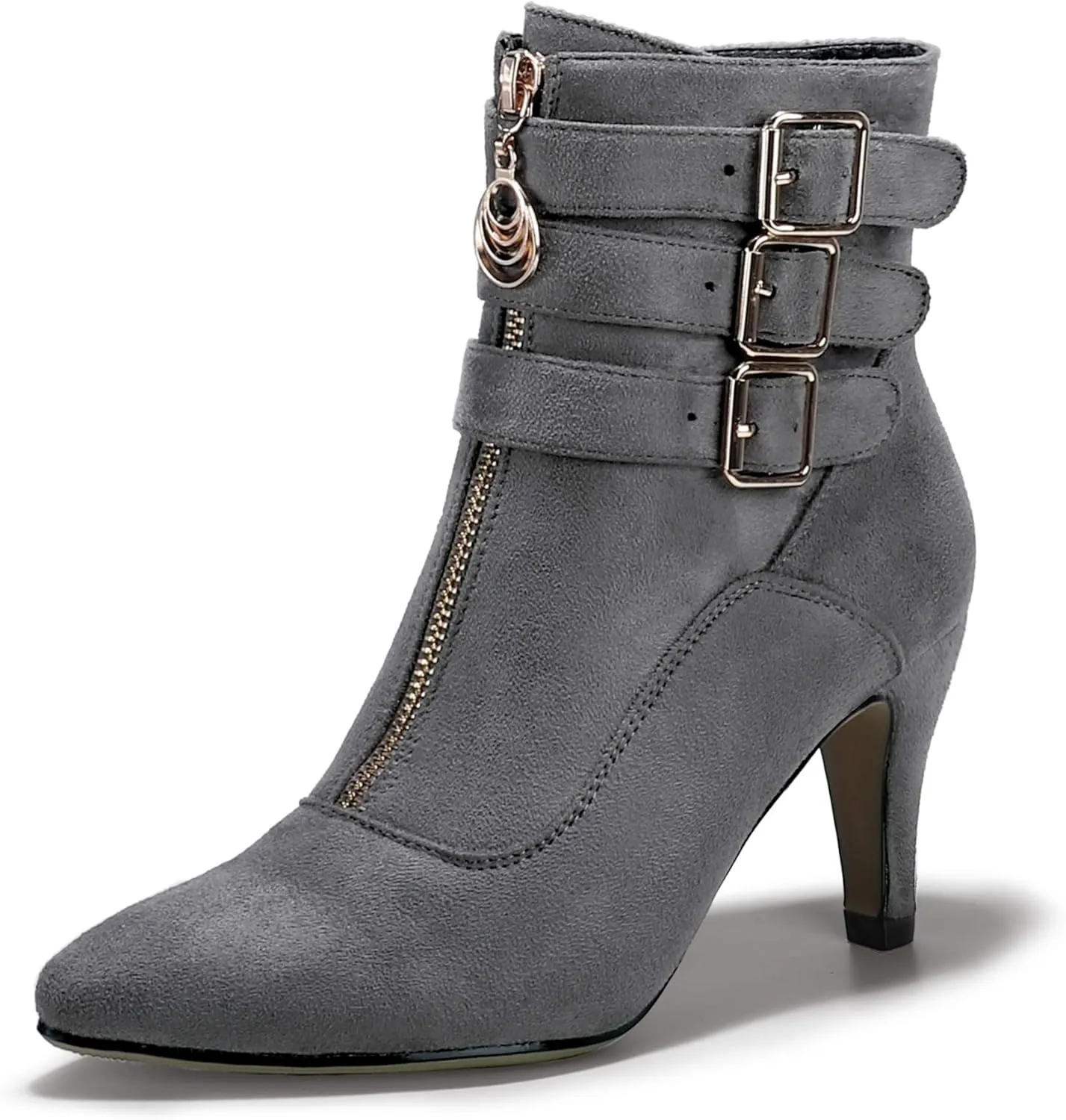 IDIFU Women's Buckle Strap Ankle Booties 3 Inch Pointed Toe Zipper Heels Dress Jeans Boots
