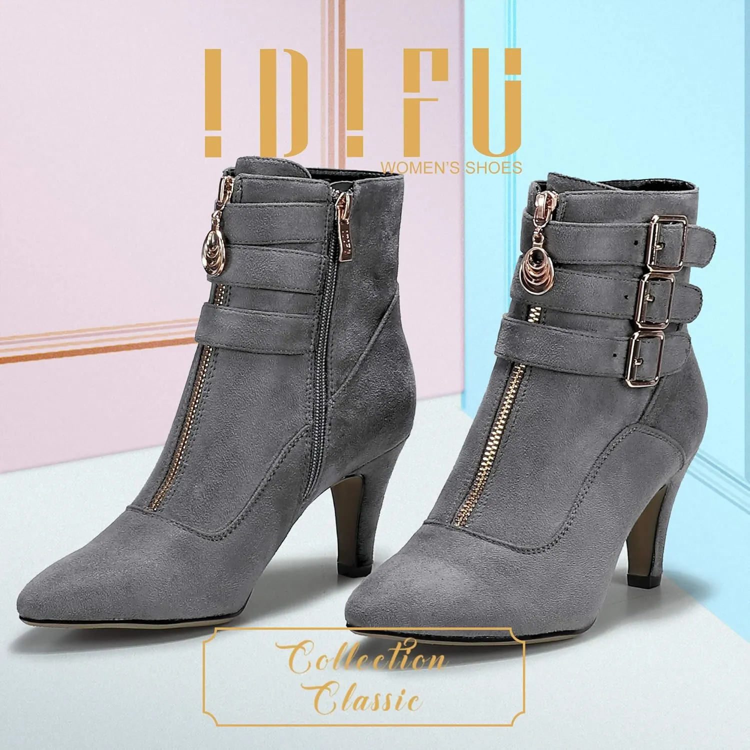 IDIFU Women's Buckle Strap Ankle Booties 3 Inch Pointed Toe Zipper Heels Dress Jeans Boots