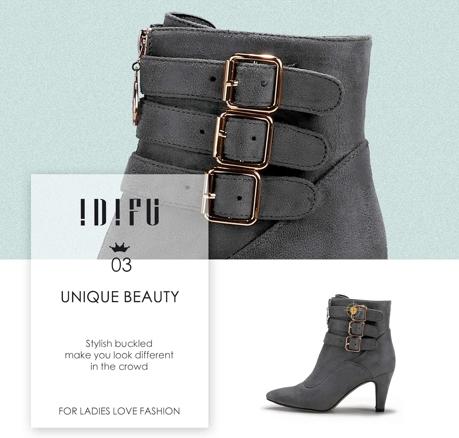 IDIFU Women's Buckle Strap Ankle Booties 3 Inch Pointed Toe Zipper Heels Dress Jeans Boots