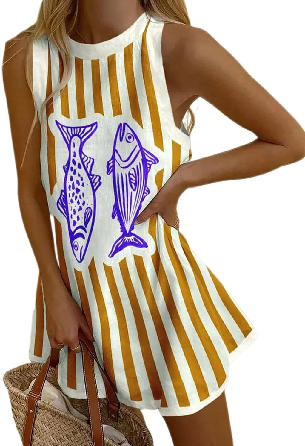 Melliflo Womens Graffiti Fish Printed Mini Dress Crew Neck Sleeveless Striped Short Tank Dress Summer Beach Boho Sundress