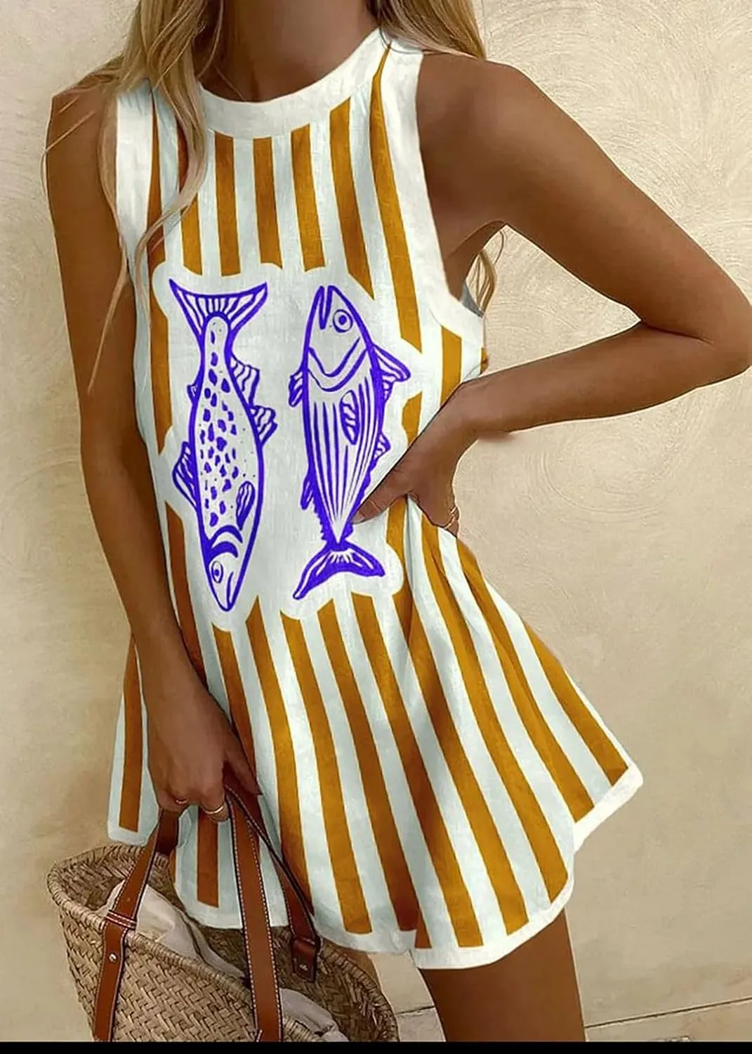 Melliflo Womens Graffiti Fish Printed Mini Dress Crew Neck Sleeveless Striped Short Tank Dress Summer Beach Boho Sundress