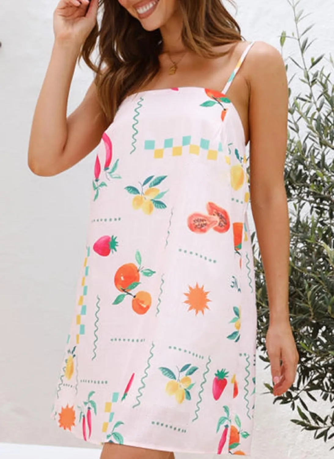 NUFIWI Women Boho Graffiti Cami Mini Dress Spaghetti Strap Printed A Line Short Dress Backless Cut Out Colorful Sundress