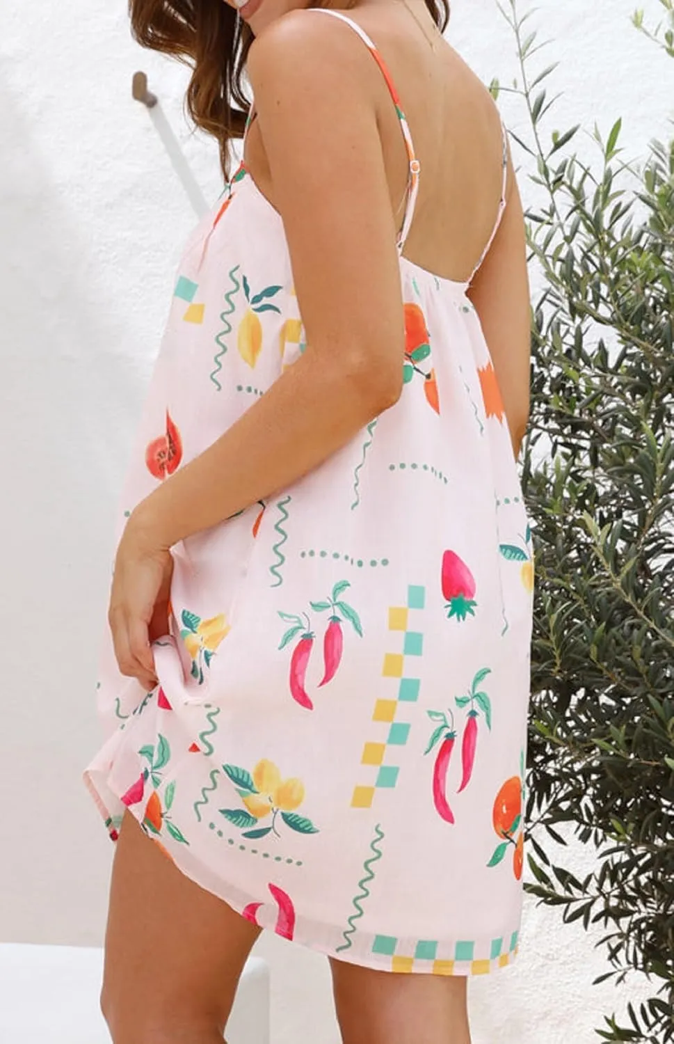 NUFIWI Women Boho Graffiti Cami Mini Dress Spaghetti Strap Printed A Line Short Dress Backless Cut Out Colorful Sundress