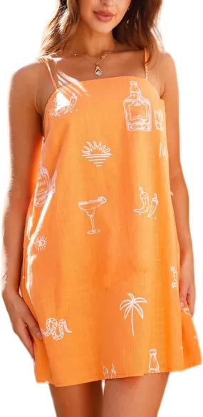 NUFIWI Women Boho Graffiti Cami Mini Dress Spaghetti Strap Printed A Line Short Dress Backless Cut Out Colorful Sundress