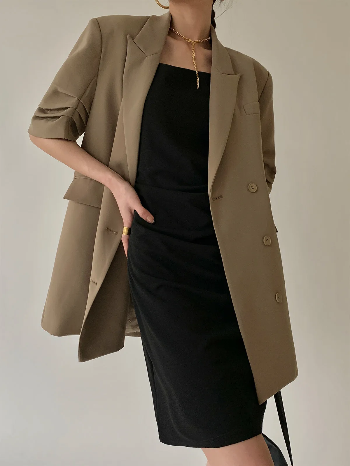 Peak Lapel Short Sleeve Crop Blazer - Khaki