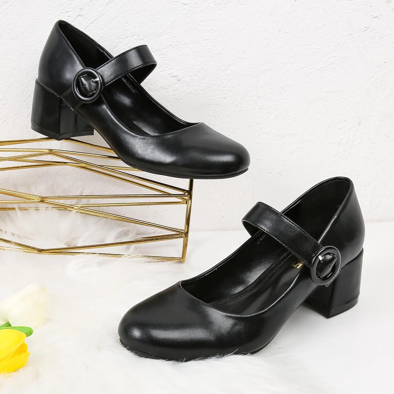 rsxses Mary Jane Shoes Women Chunky Low Block Heels Closed Round Toe Dress Office Work Mary Janes Pumps
