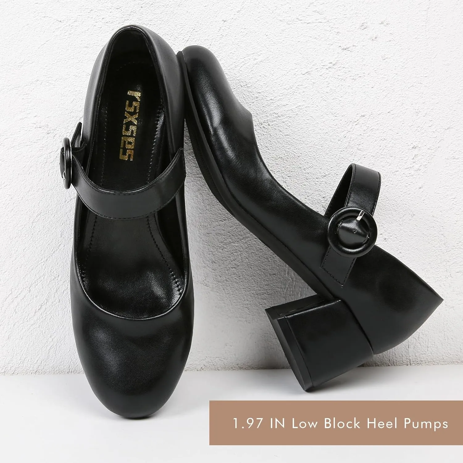 rsxses Mary Jane Shoes Women Chunky Low Block Heels Closed Round Toe Dress Office Work Mary Janes Pumps