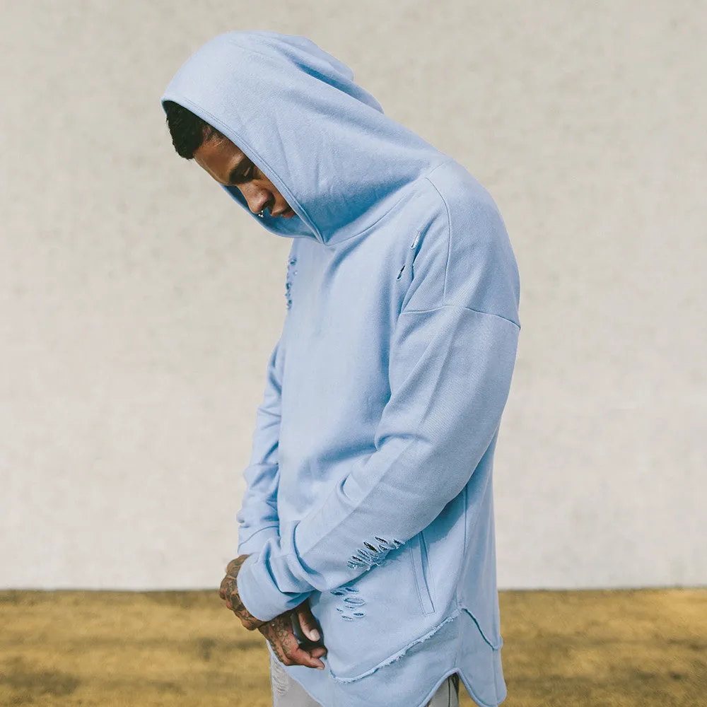 Serenity Curved Hem Men Distressed Scoop Hoodie