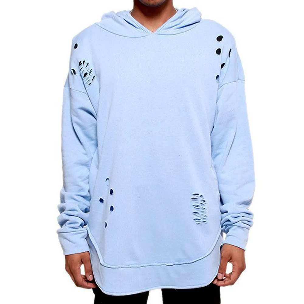 Serenity Curved Hem Men Distressed Scoop Hoodie