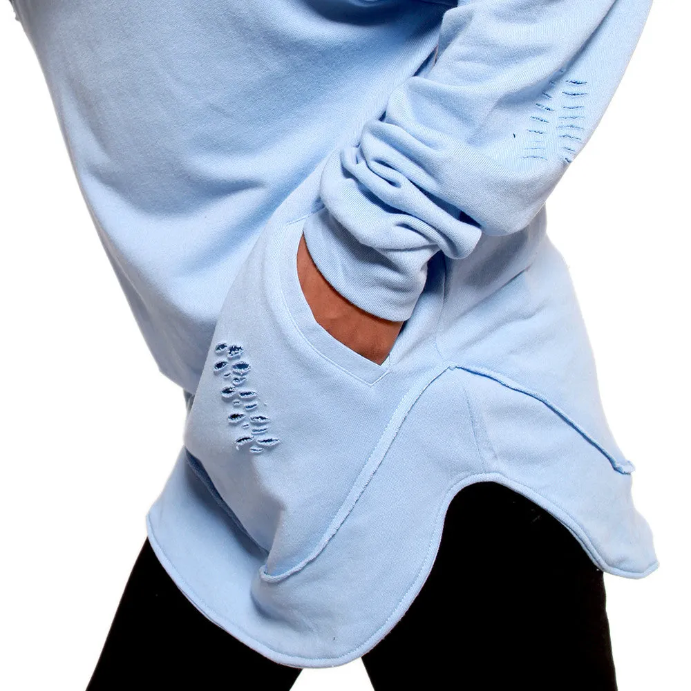Serenity Curved Hem Men Distressed Scoop Hoodie