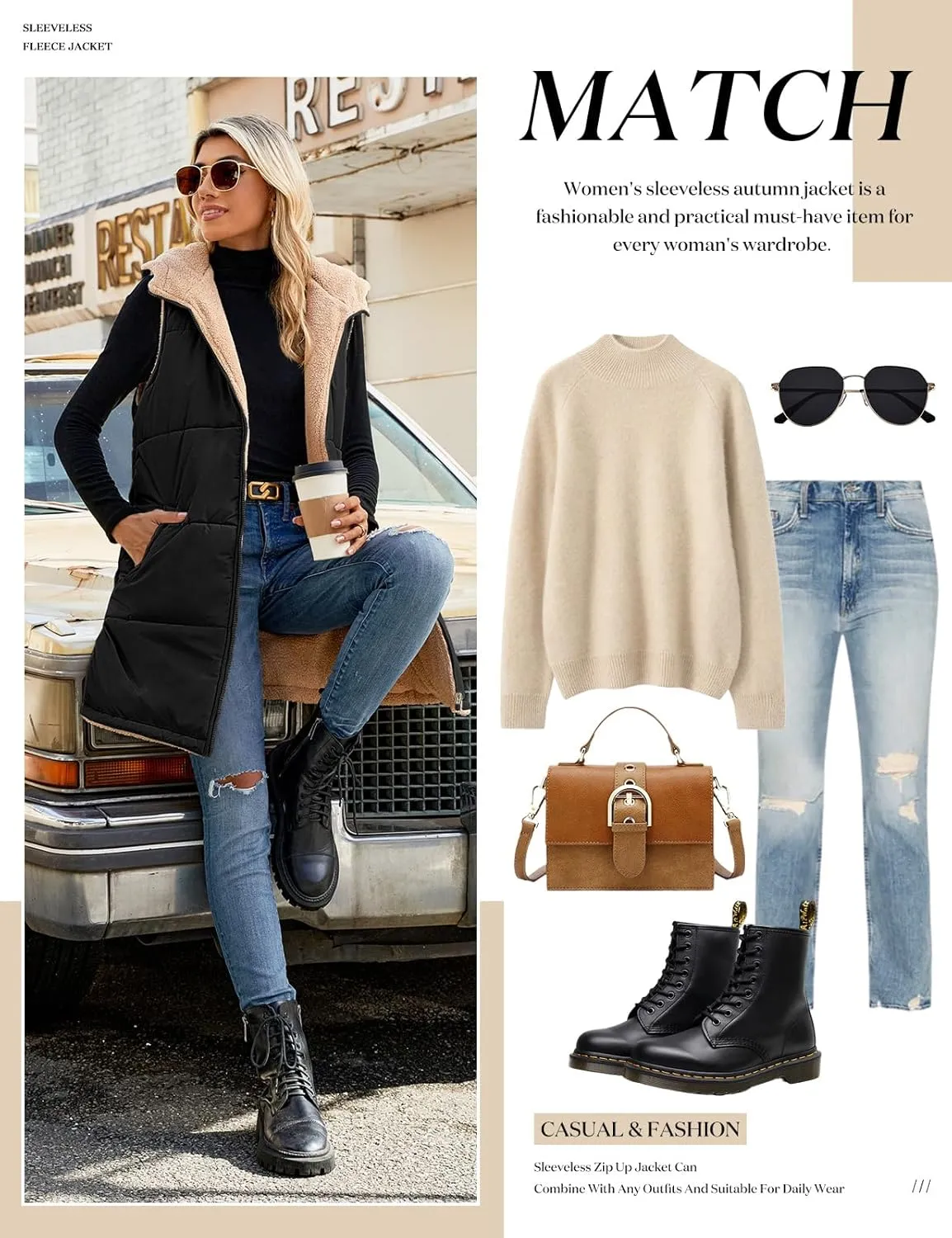 Womens Fall Reversible Vests Sleeveless Fleece Hoodie Jacket Zip Up Winter Warm Hooded Long Coat Outerwear with Pockets